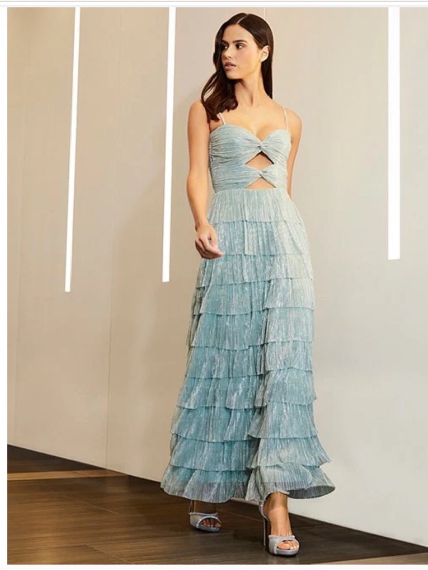 Nwt Gianni Bini Grace Metallic Plisse Sweetheart Neck Cut-Out Tiered Dress